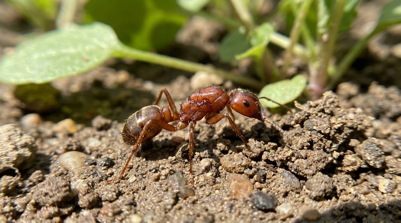 Une fourmi rousse de profil marchant sur un sol terreux avec des petites feuilles en arrière-plan.