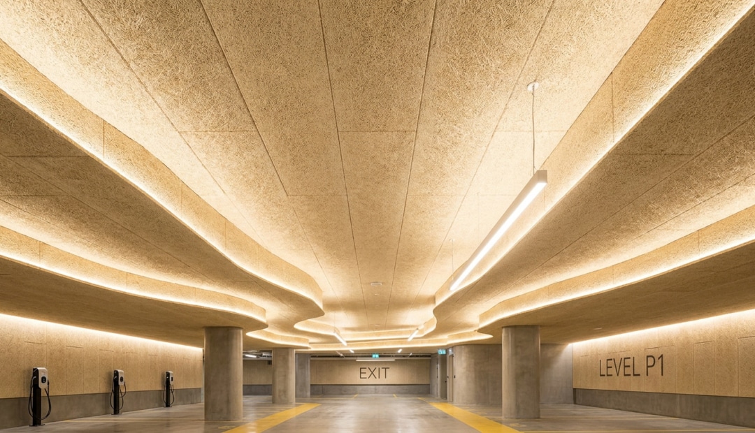Plafond en panneaux de laine de bois Fibralith dans un parking souterrain éclairé par des rubans LED.