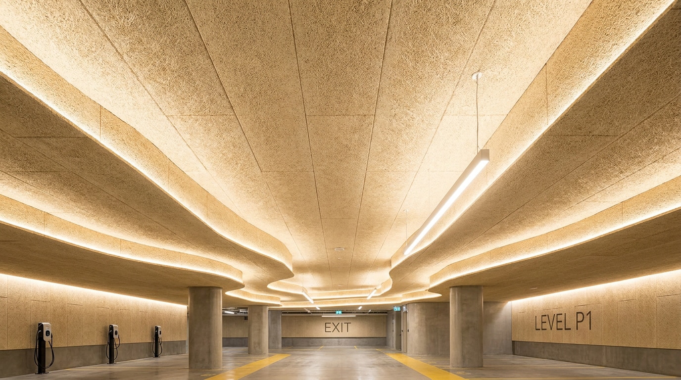 Plafond en panneaux de laine de bois Fibralith dans un parking souterrain éclairé par des rubans LED.