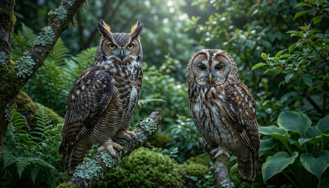 Un grand-duc avec des aigrettes à gauche et une chouette hulotte sans aigrettes à droite, perchés sur des branches.
