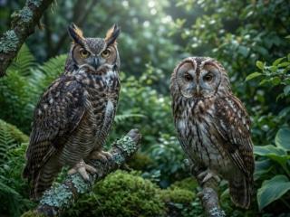 Un grand-duc avec des aigrettes à gauche et une chouette hulotte sans aigrettes à droite, perchés sur des branches.