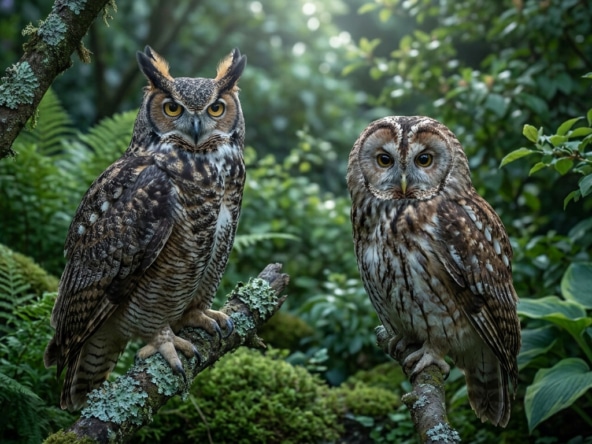 Un grand-duc avec des aigrettes à gauche et une chouette hulotte sans aigrettes à droite, perchés sur des branches.