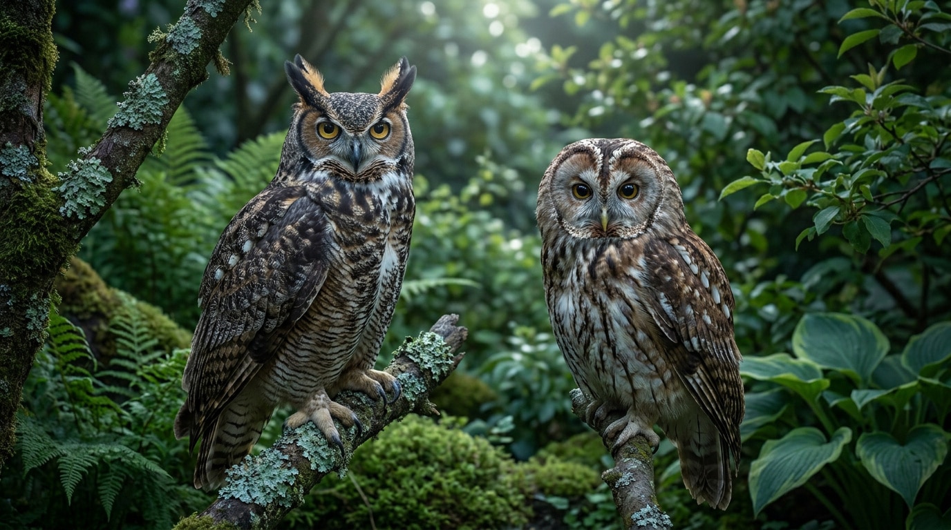 Un grand-duc avec des aigrettes à gauche et une chouette hulotte sans aigrettes à droite, perchés sur des branches.