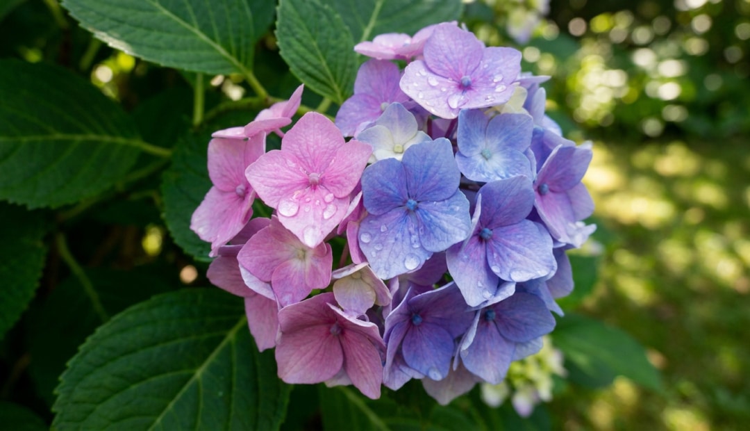 Gros plan sur une fleur d'hortensia aux pétales roses et bleus avec des gouttelettes de rosée au jardin.