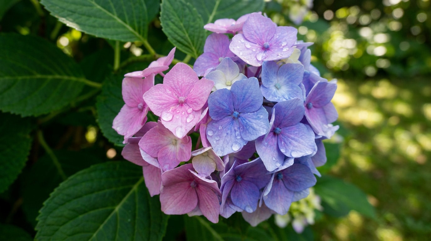 Gros plan sur une fleur d'hortensia aux pétales roses et bleus avec des gouttelettes de rosée au jardin.