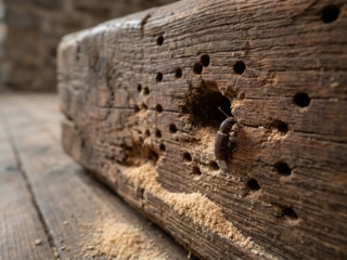 Gros plan sur un petit coléoptère sortant d'un trou dans une poutre en bois endommagée par des insectes.