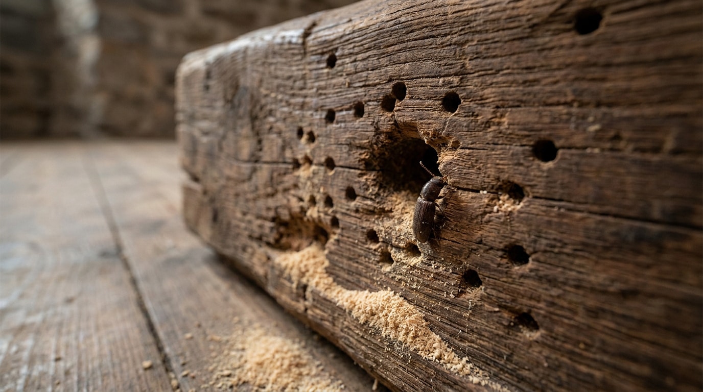 Gros plan sur un petit coléoptère sortant d'un trou dans une poutre en bois endommagée par des insectes.