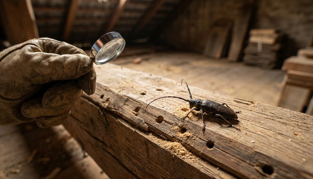Main gantée observant un capricorne sur une poutre en bois endommagée avec une loupe dans un grenier.