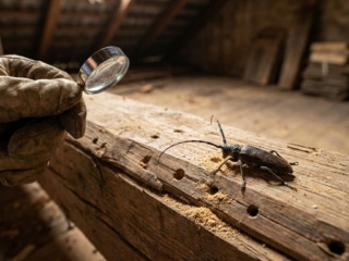 Main gantée observant un capricorne sur une poutre en bois endommagée avec une loupe dans un grenier.