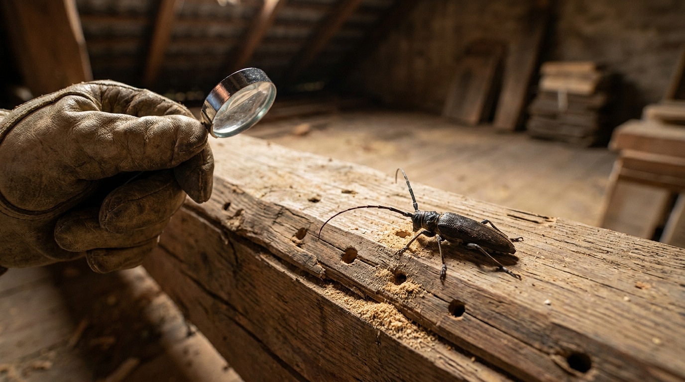 Main gantée observant un capricorne sur une poutre en bois endommagée avec une loupe dans un grenier.