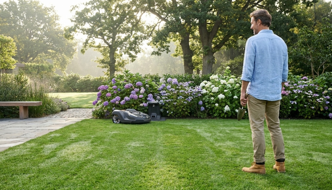 Un homme observe son robot tondeur travailler dans un jardin fleuri et ensoleillé.