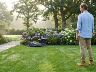 Un homme observe son robot tondeur travailler dans un jardin fleuri et ensoleillé.