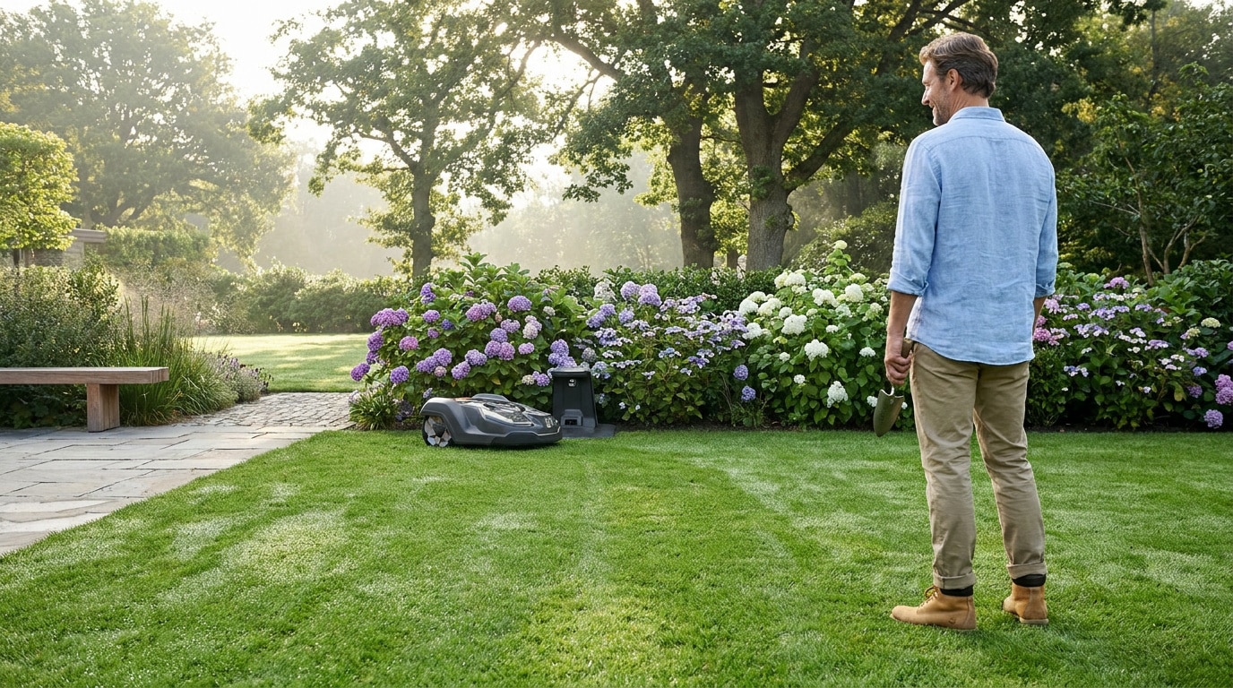 Un homme observe son robot tondeur travailler dans un jardin fleuri et ensoleillé.