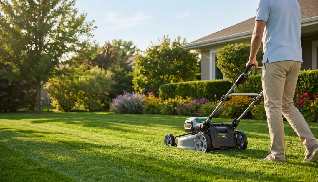 Un homme tond sa pelouse par une journée ensoleillée avec une tondeuse moderne dans un jardin bien entretenu.