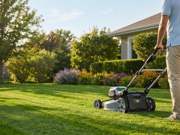 Un homme tond sa pelouse par une journée ensoleillée avec une tondeuse moderne dans un jardin bien entretenu.