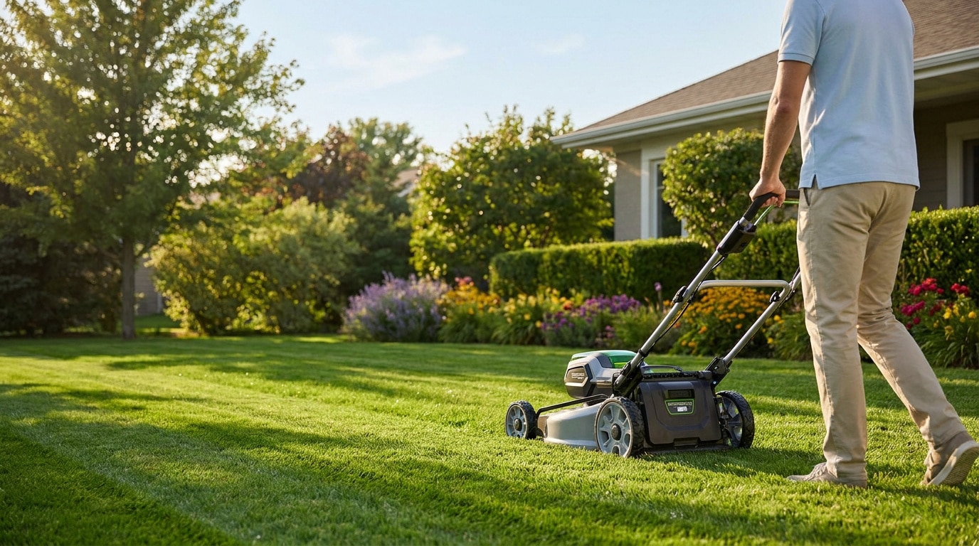 Un homme tond sa pelouse par une journée ensoleillée avec une tondeuse moderne dans un jardin bien entretenu.