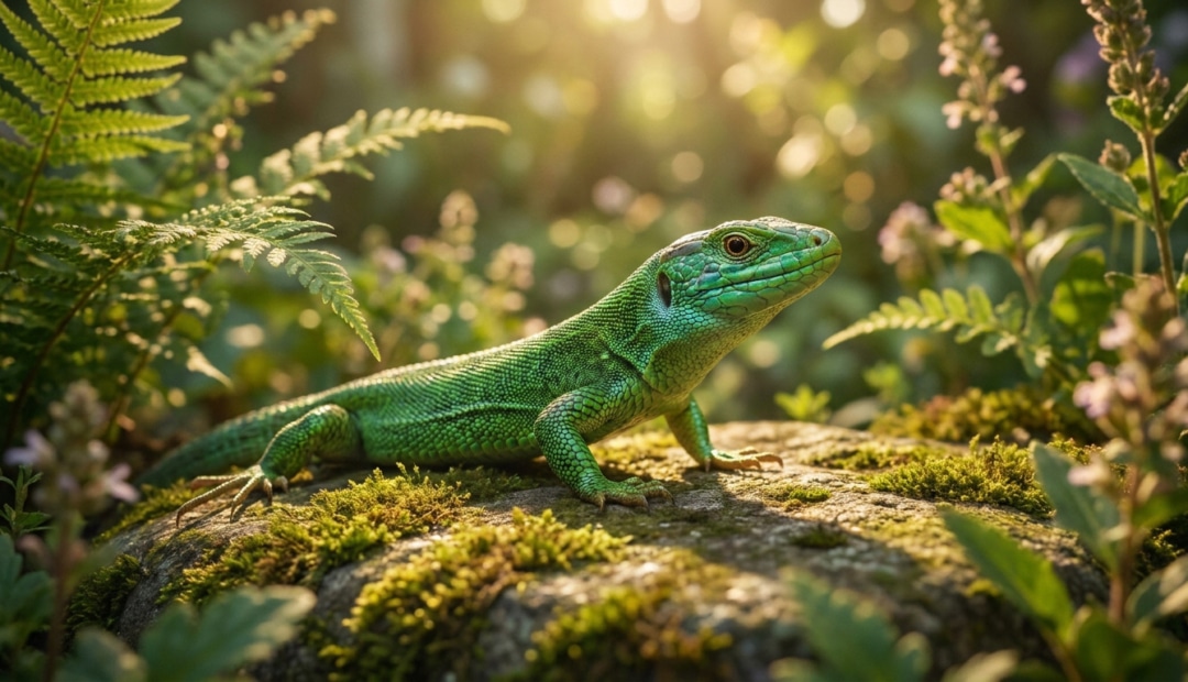 Un lézard vert aux écailles éclatantes perché sur une pierre moussue dans un jardin ensoleillé.