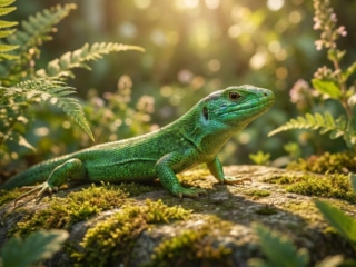 Un lézard vert aux écailles éclatantes perché sur une pierre moussue dans un jardin ensoleillé.