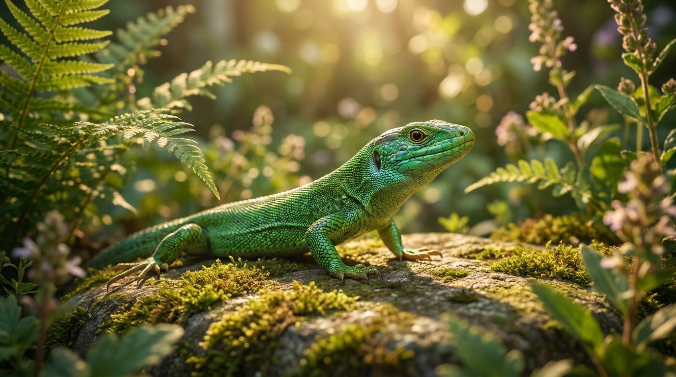 Un lézard vert aux écailles éclatantes perché sur une pierre moussue dans un jardin ensoleillé.