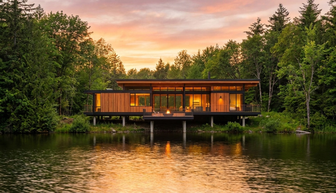 Maison contemporaine en bois sur pilotis surplombant un lac calme au coucher du soleil.
