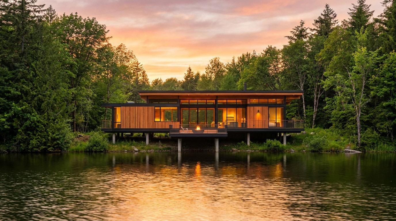 Maison contemporaine en bois sur pilotis surplombant un lac calme au coucher du soleil.