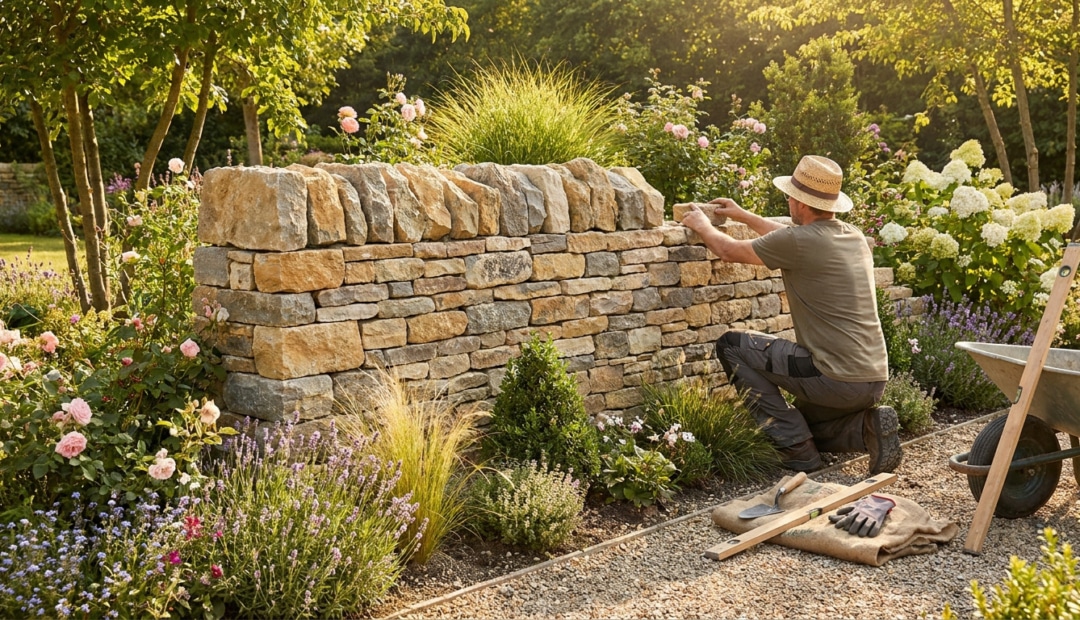 Un homme avec un chapeau de paille construit un muret en pierre naturelle dans un jardin fleuri et ensoleillé.