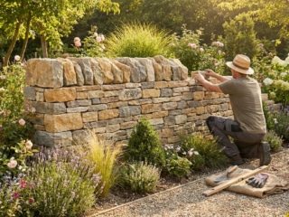 Un homme avec un chapeau de paille construit un muret en pierre naturelle dans un jardin fleuri et ensoleillé.