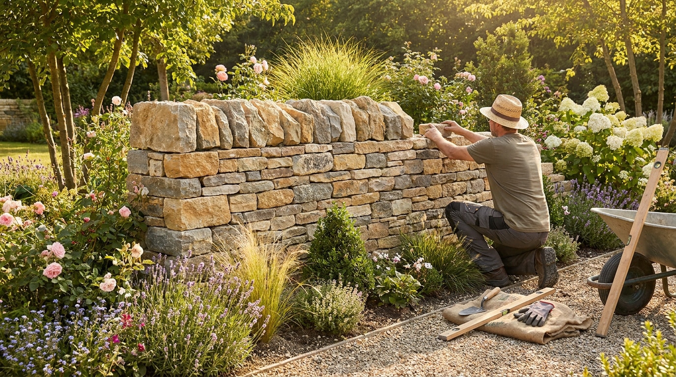 Un homme avec un chapeau de paille construit un muret en pierre naturelle dans un jardin fleuri et ensoleillé.