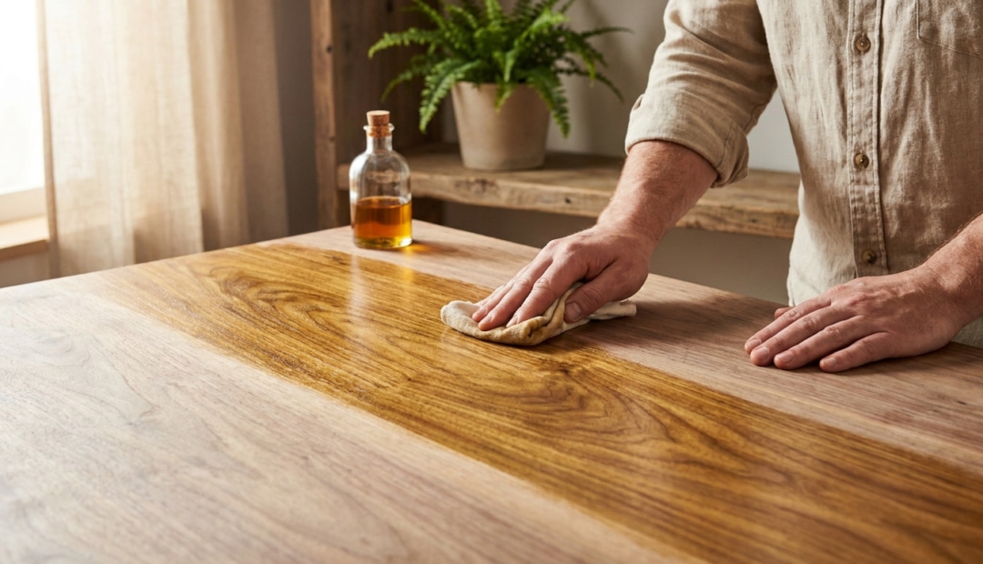Gros plan sur les mains d'un homme appliquant de l'huile de lin sur une table en bois avec un chiffon.