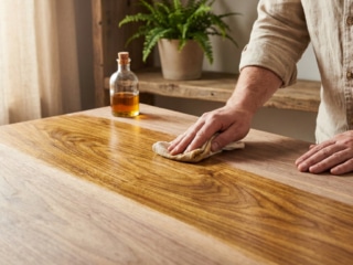Gros plan sur les mains d'un homme appliquant de l'huile de lin sur une table en bois avec un chiffon.