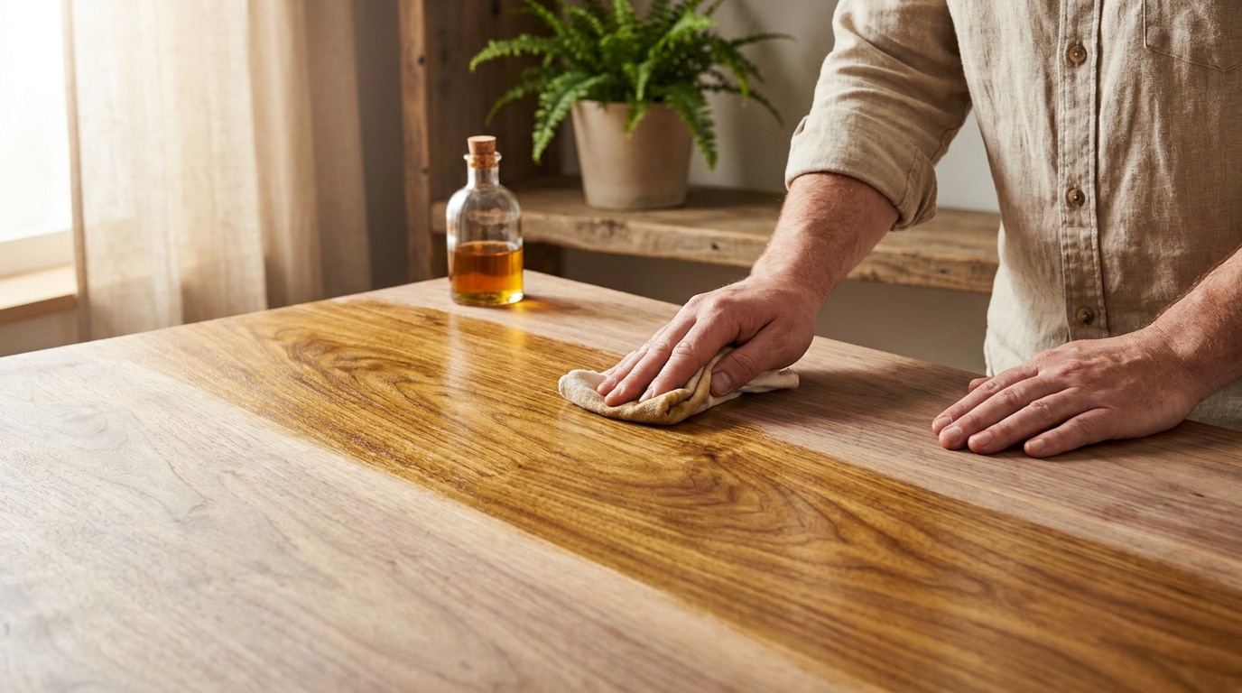 Gros plan sur les mains d'un homme appliquant de l'huile de lin sur une table en bois avec un chiffon.