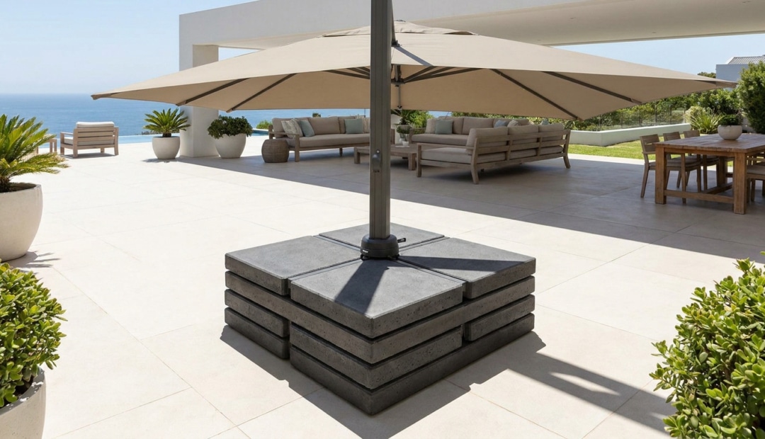 Gros plan sur un large socle de parasol déporté composé de dalles en pierre grise sur une terrasse moderne.