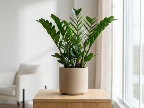 Un zamioculcas aux feuilles vert brillant dans un pot beige posé sur un meuble en bois près d'une fenêtre.