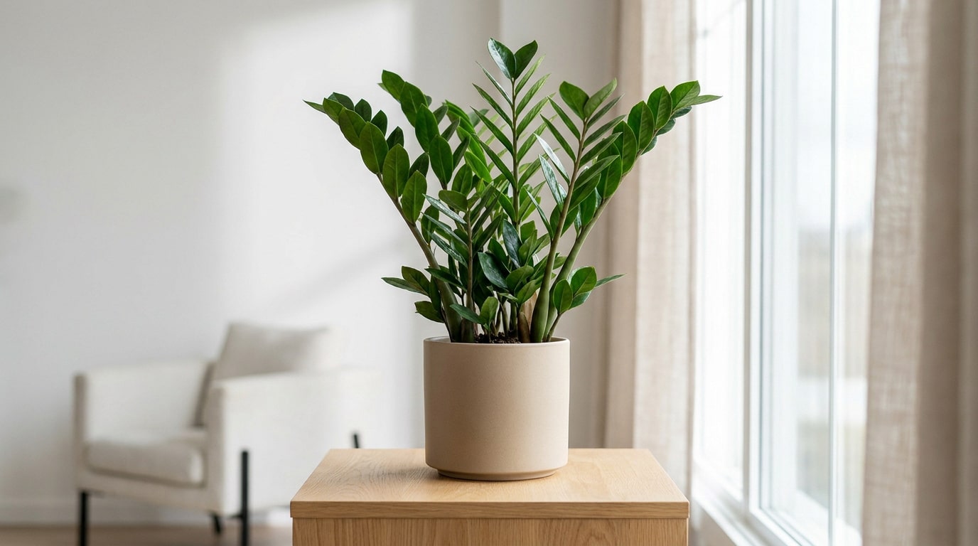 Un zamioculcas aux feuilles vert brillant dans un pot beige posé sur un meuble en bois près d'une fenêtre.