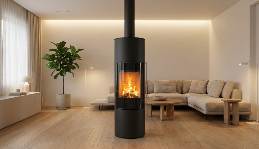 Poêle à bois cylindrique noir au centre d'un salon moderne lumineux avec canapé beige et parquet en chêne.