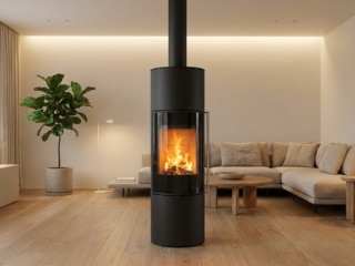 Poêle à bois cylindrique noir au centre d'un salon moderne lumineux avec canapé beige et parquet en chêne.