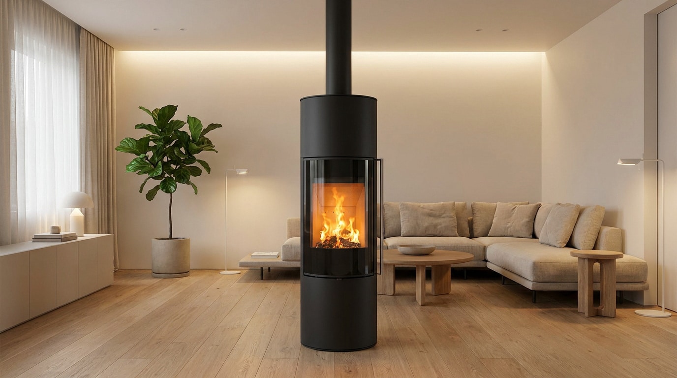 Poêle à bois cylindrique noir au centre d'un salon moderne lumineux avec canapé beige et parquet en chêne.