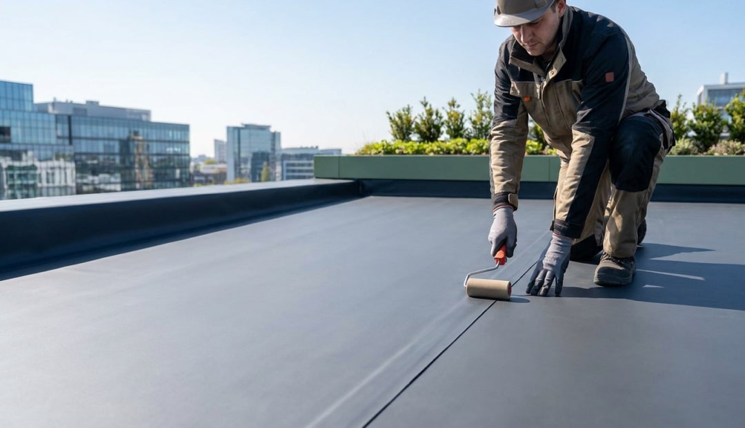 Un ouvrier en casque de chantier utilise un rouleau pour appliquer une membrane d'étanchéité EPDM sur un toit-terrasse.