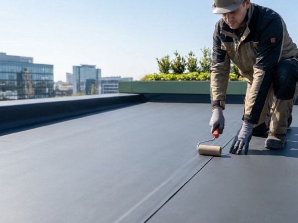 Un ouvrier en casque de chantier utilise un rouleau pour appliquer une membrane d'étanchéité EPDM sur un toit-terrasse.