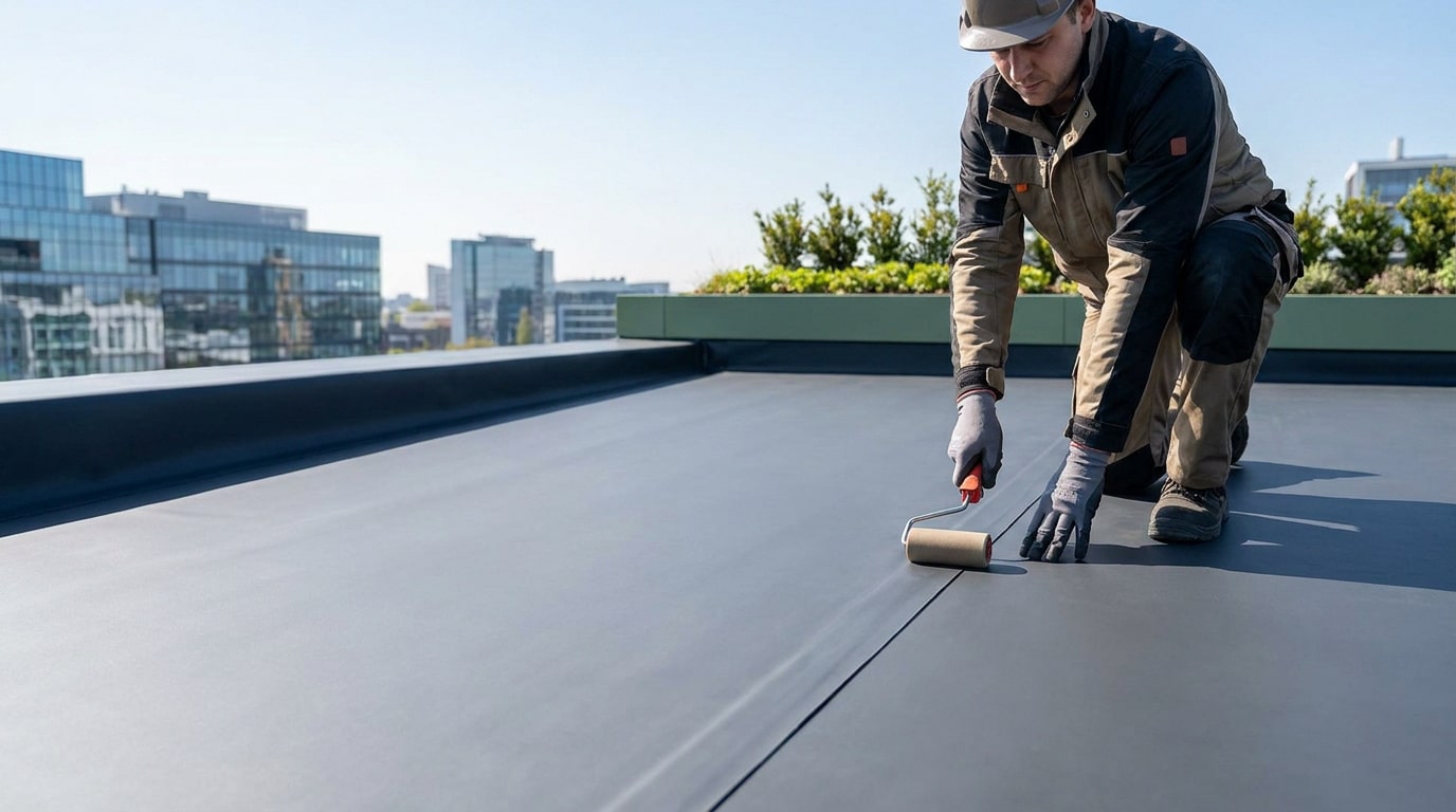 Un ouvrier en casque de chantier utilise un rouleau pour appliquer une membrane d'étanchéité EPDM sur un toit-terrasse.