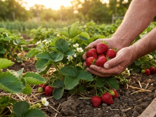 Mains tenant une poignée de fraises rouges fraîches cueillies directement sur un plant dans un jardin ensoleillé.