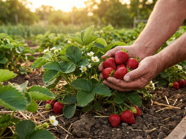 Mains tenant une poignée de fraises rouges fraîches cueillies directement sur un plant dans un jardin ensoleillé.