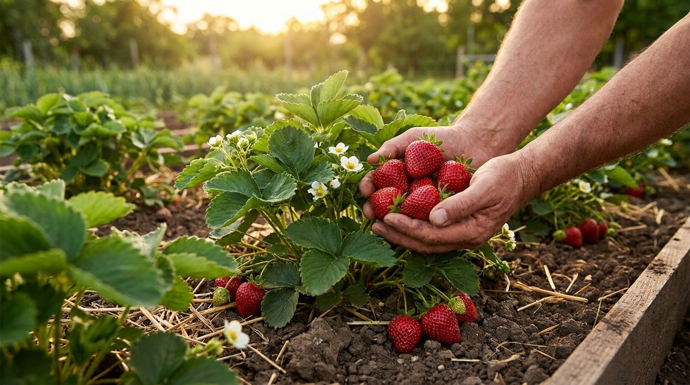Mains tenant une poignée de fraises rouges fraîches cueillies directement sur un plant dans un jardin ensoleillé.