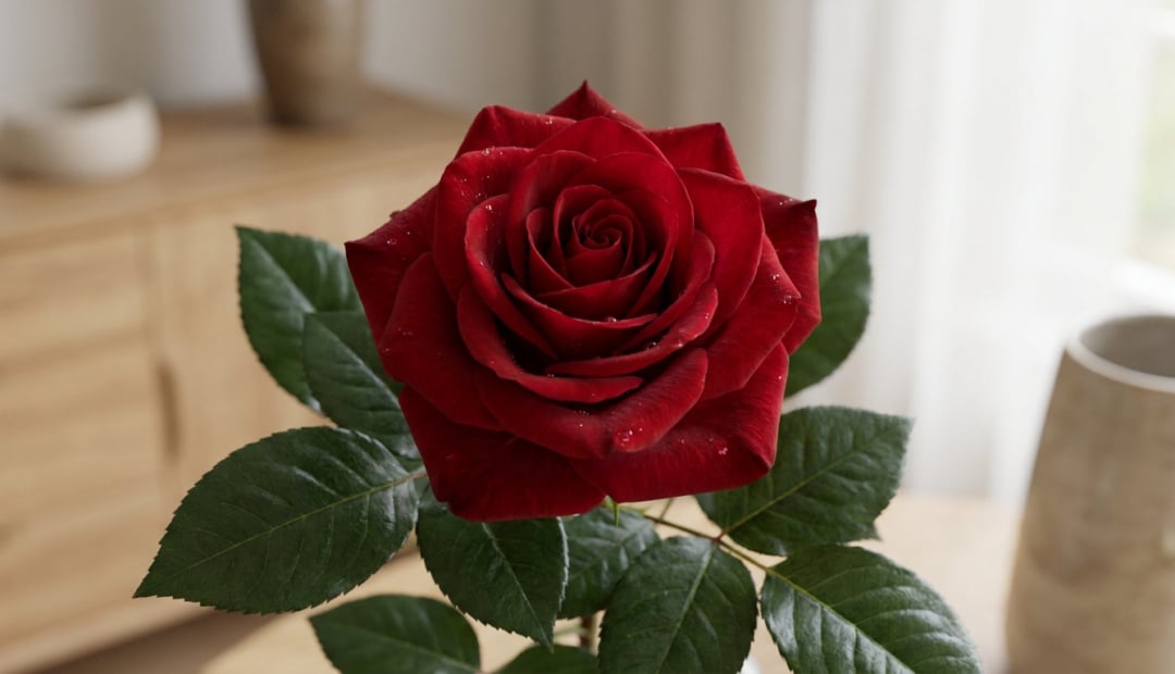 Une magnifique rose rouge éclatante avec des gouttes de rosée sur ses pétales dans un intérieur moderne.