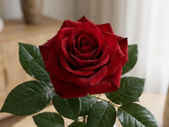 Une magnifique rose rouge éclatante avec des gouttes de rosée sur ses pétales dans un intérieur moderne.