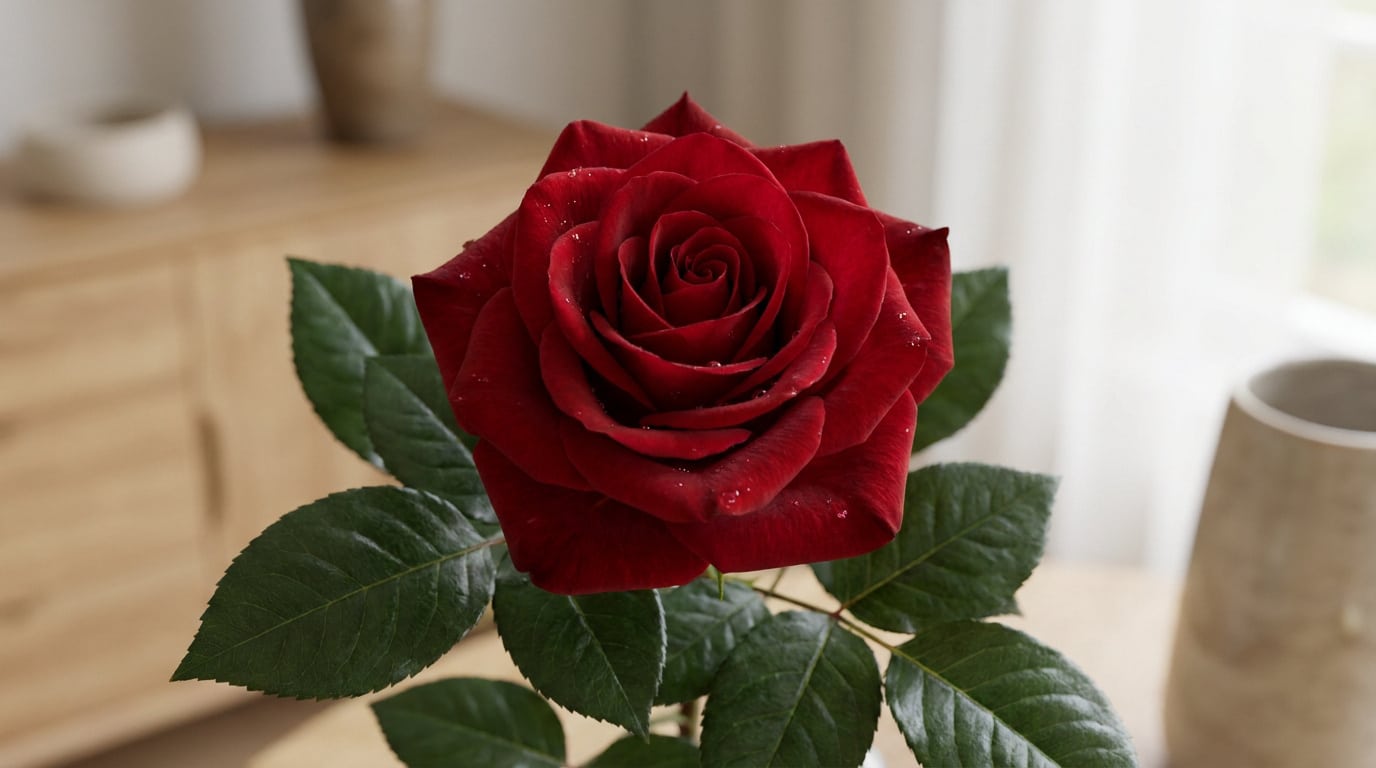 Une magnifique rose rouge éclatante avec des gouttes de rosée sur ses pétales dans un intérieur moderne.