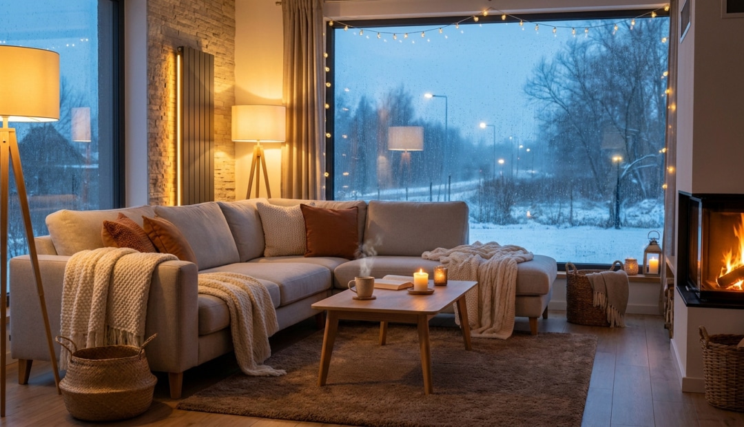 Un salon chaleureux avec un canapé confortable, une cheminée allumée et une vue sur un paysage enneigé par la fenêtre.