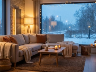 Un salon chaleureux avec un canapé confortable, une cheminée allumée et une vue sur un paysage enneigé par la fenêtre.