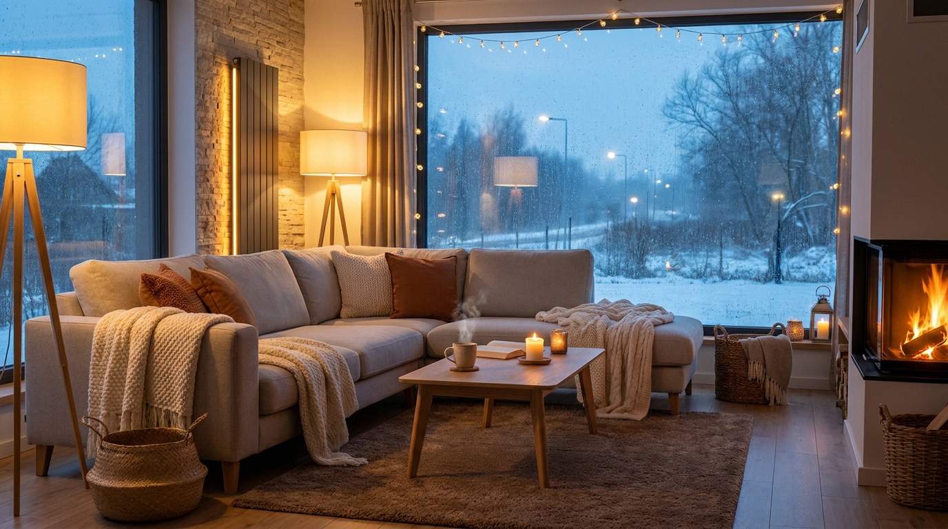 Un salon chaleureux avec un canapé confortable, une cheminée allumée et une vue sur un paysage enneigé par la fenêtre.