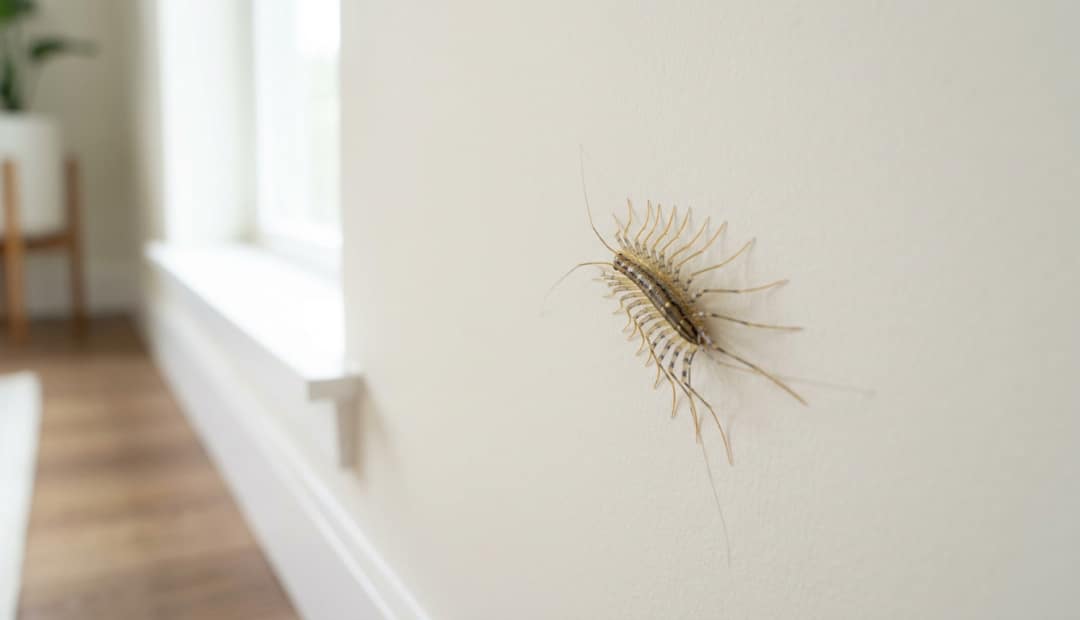 Une scutigère véloce, insecte aux nombreuses pattes, se déplace sur un mur blanc dans une maison.